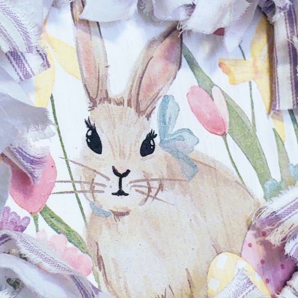 Hand Crafted Easter Bunny Rabbit Fabric Rag Wreath, Purple & White, Bunny Sign - Picture 4 of 9